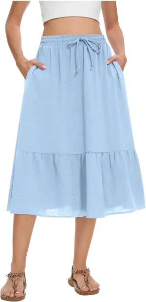 HGps8w Women's 2025 Summer Linen Midi Skirt, Trendy Casual Drawstring A-Line Elastic Waist Beach Dress Skirts with Pockets