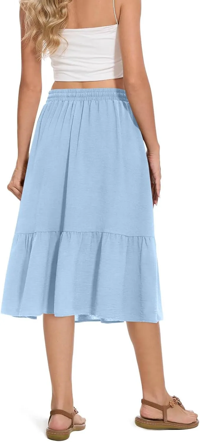 HGps8w Women's 2025 Summer Linen Midi Skirt, Trendy Casual Drawstring A-Line Elastic Waist Beach Dress Skirts with Pockets