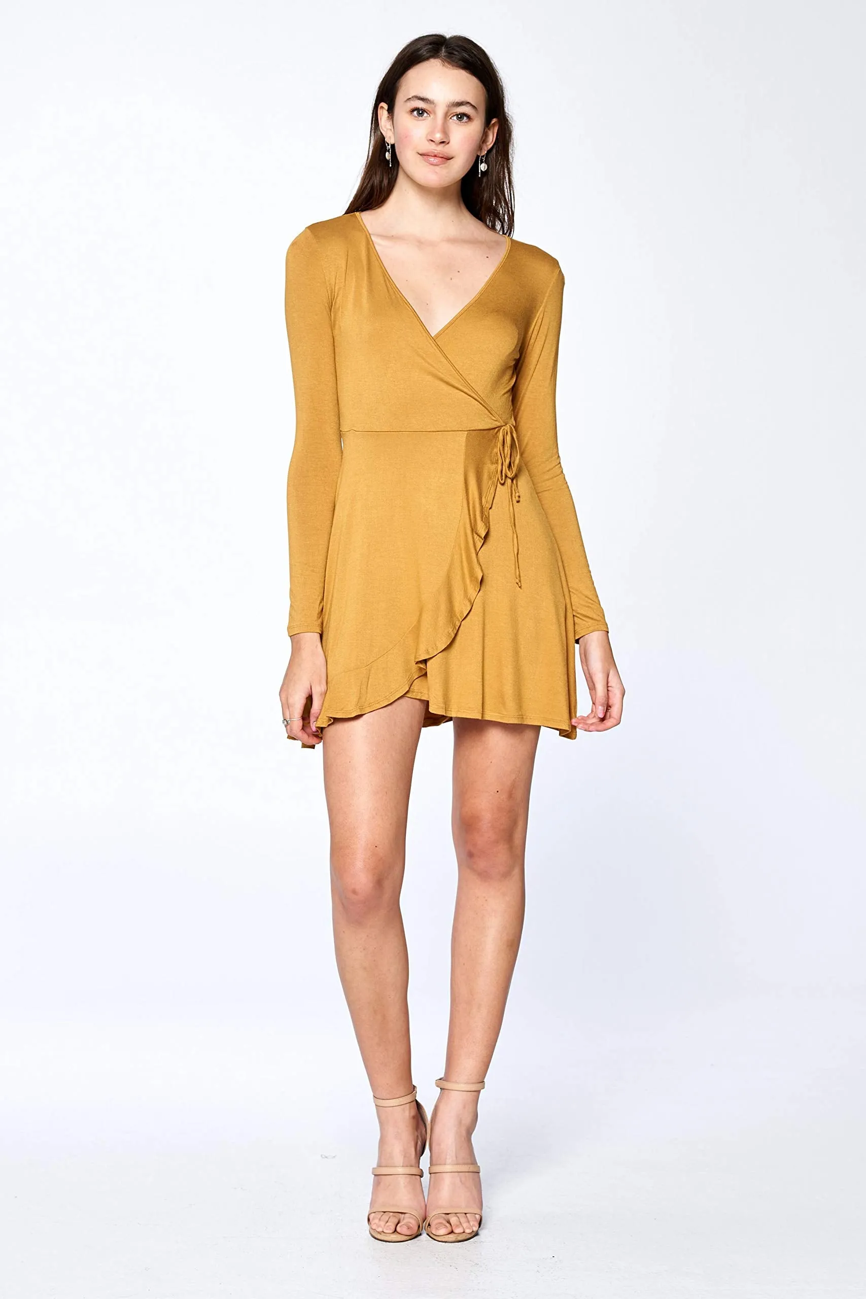 Khanomak Women's Long Sleeve V Neck Flounce Wrap Mini Dress