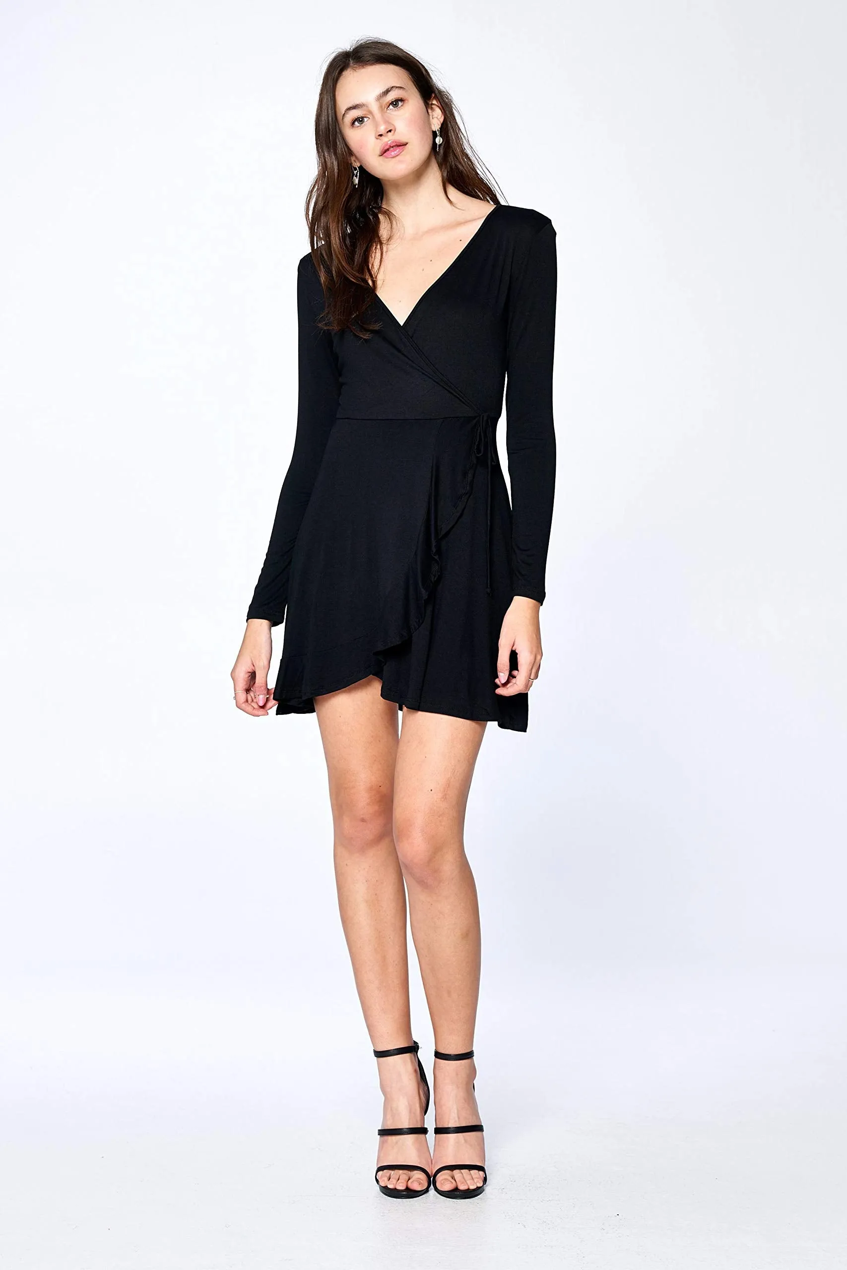 Khanomak Women's Long Sleeve V Neck Flounce Wrap Mini Dress