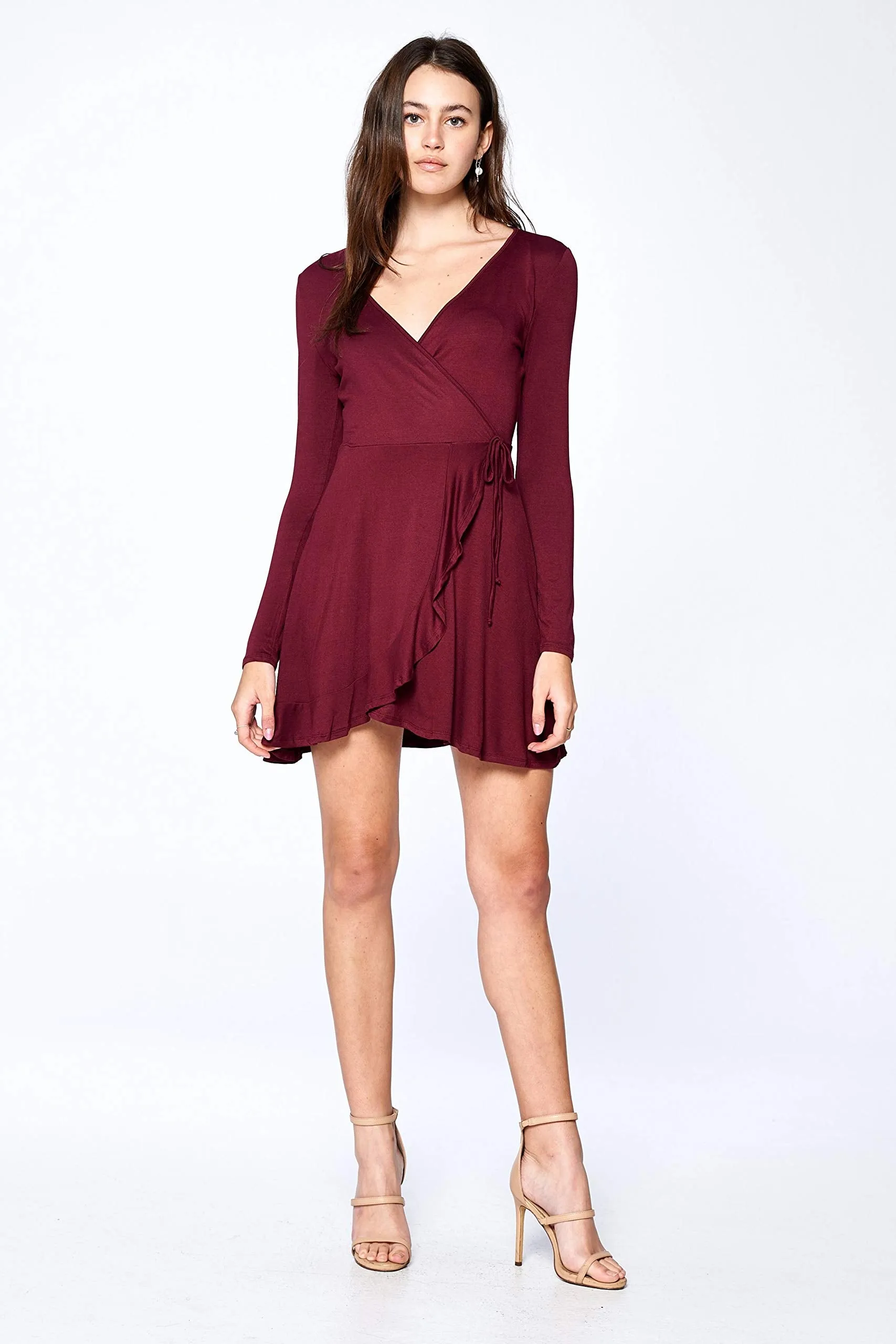 Khanomak Women's Long Sleeve V Neck Flounce Wrap Mini Dress