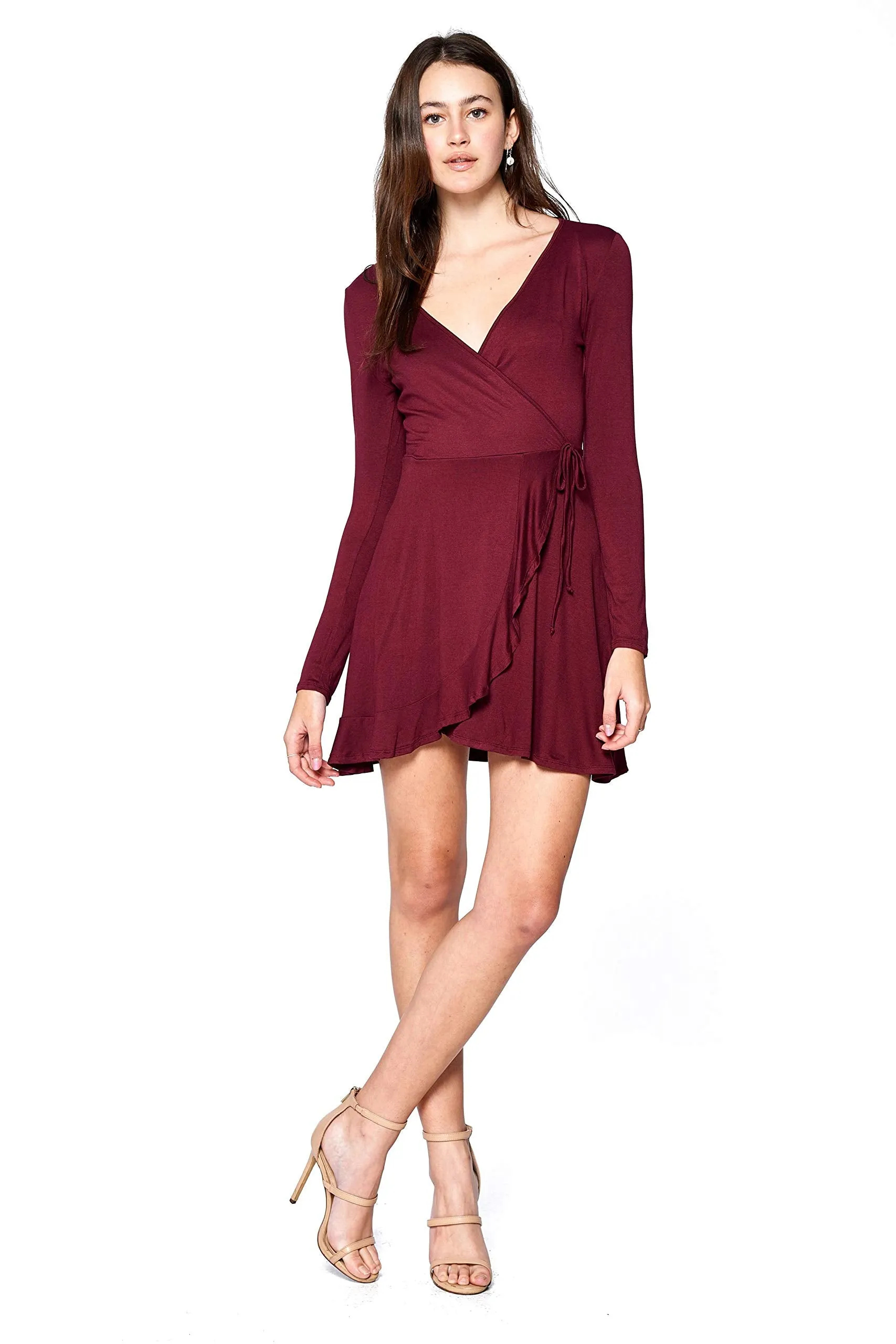 Khanomak Women's Long Sleeve V Neck Flounce Wrap Mini Dress