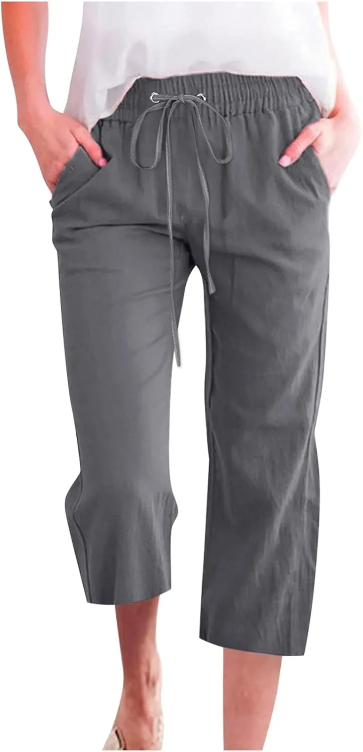 Linen Capris Pants For Women Casual 2024 Summer Drawstring Elastic High Waisted Straight Wide Leg Cropped Trousers