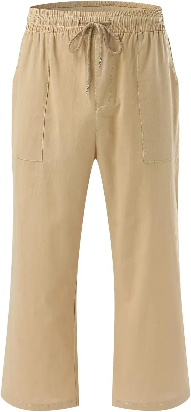 Linen Capris Pants For Women Casual 2024 Summer Drawstring Elastic High Waisted Straight Wide Leg Cropped Trousers