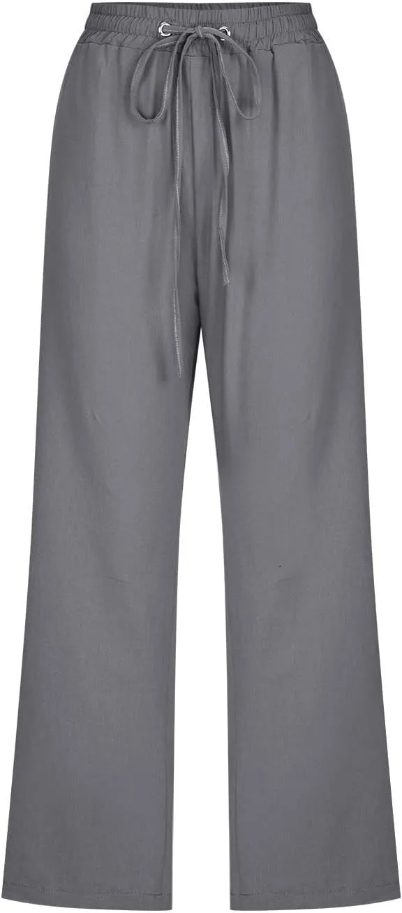 Linen Capris Pants For Women Casual 2024 Summer Drawstring Elastic High Waisted Straight Wide Leg Cropped Trousers