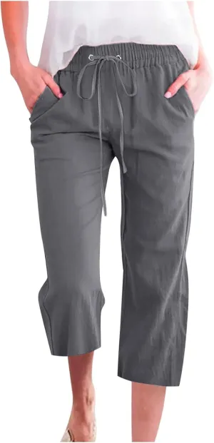 Linen Capris Pants For Women Casual 2024 Summer Drawstring Elastic High Waisted Straight Wide Leg Cropped Trousers