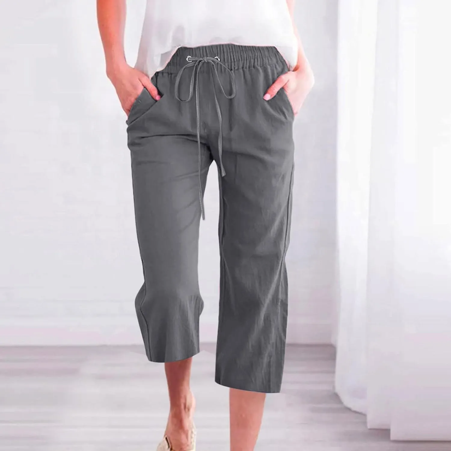 Linen Capris Pants For Women Casual 2024 Summer Drawstring Elastic High Waisted Straight Wide Leg Cropped Trousers