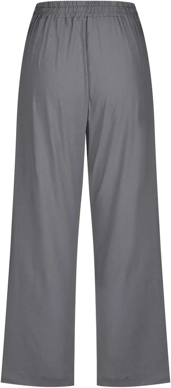 Linen Capris Pants For Women Casual 2024 Summer Drawstring Elastic High Waisted Straight Wide Leg Cropped Trousers