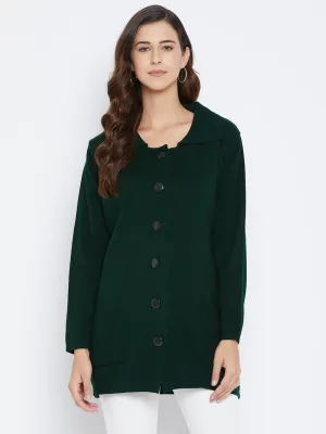 Livfree Women's Collar Neck Full-Sleeves Solid Cardigan - Dark Green