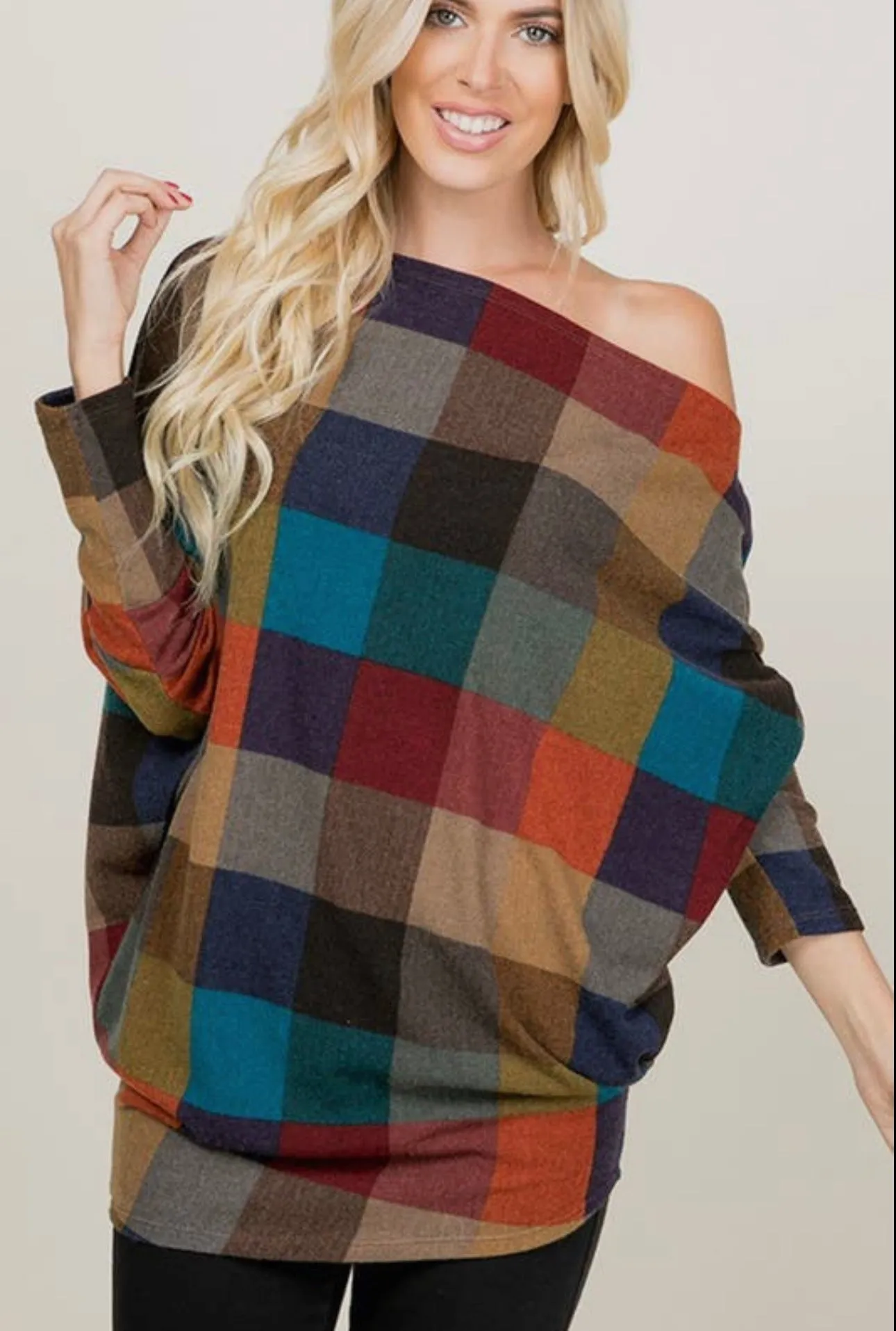 Long Sleeve Multi Color Plaid Print Top With One Shoulder Detail