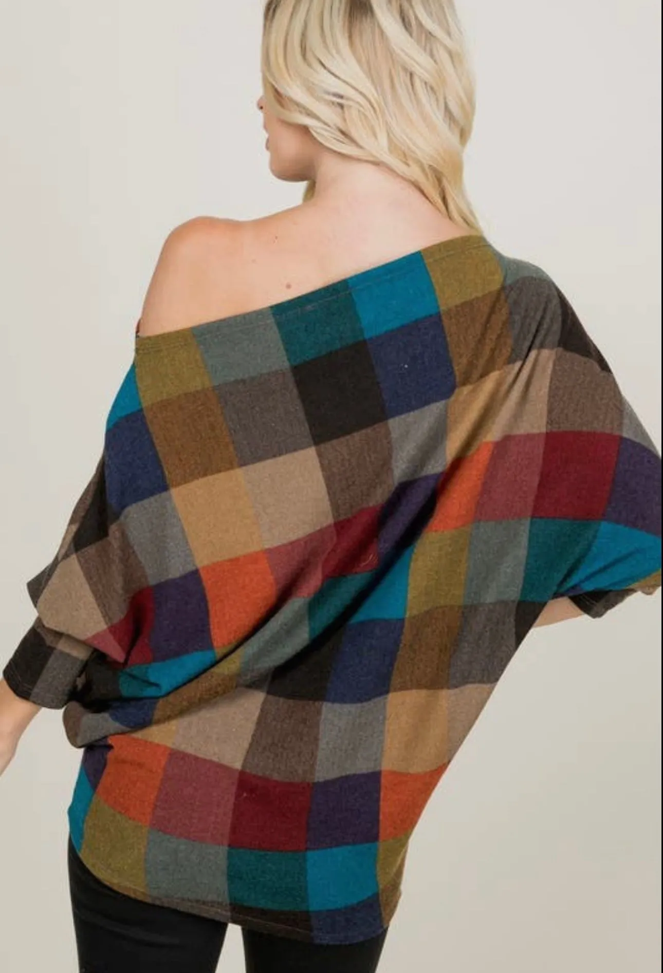 Long Sleeve Multi Color Plaid Print Top With One Shoulder Detail