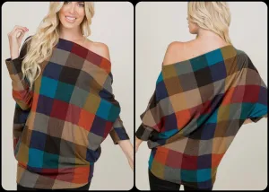 Long Sleeve Multi Color Plaid Print Top With One Shoulder Detail