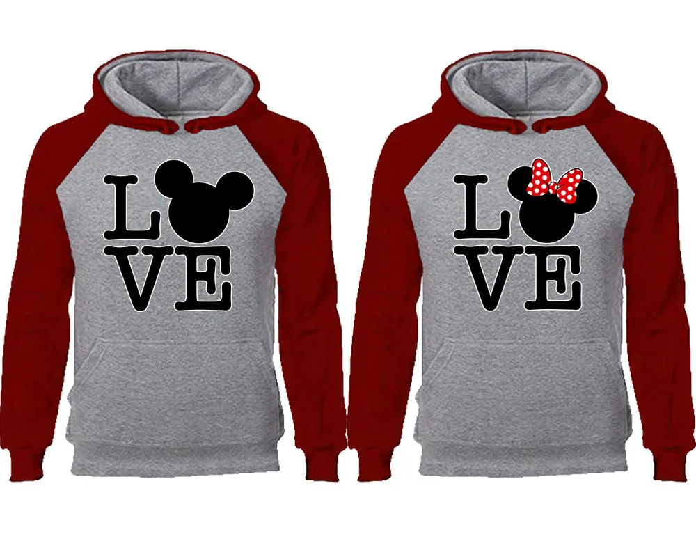 LOVE Mouse Duo Couple Matching Raglan Hoodies – Comfortable Unisex Pullover | Sold Separately in Sizes & Colors