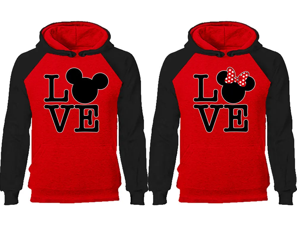 LOVE Mouse Duo Couple Matching Raglan Hoodies – Comfortable Unisex Pullover | Sold Separately in Sizes & Colors