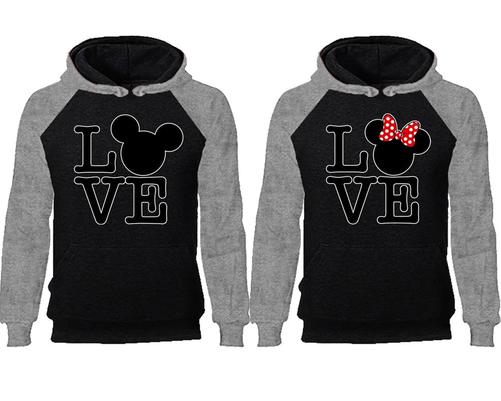 LOVE Mouse Duo Couple Matching Raglan Hoodies – Comfortable Unisex Pullover | Sold Separately in Sizes & Colors