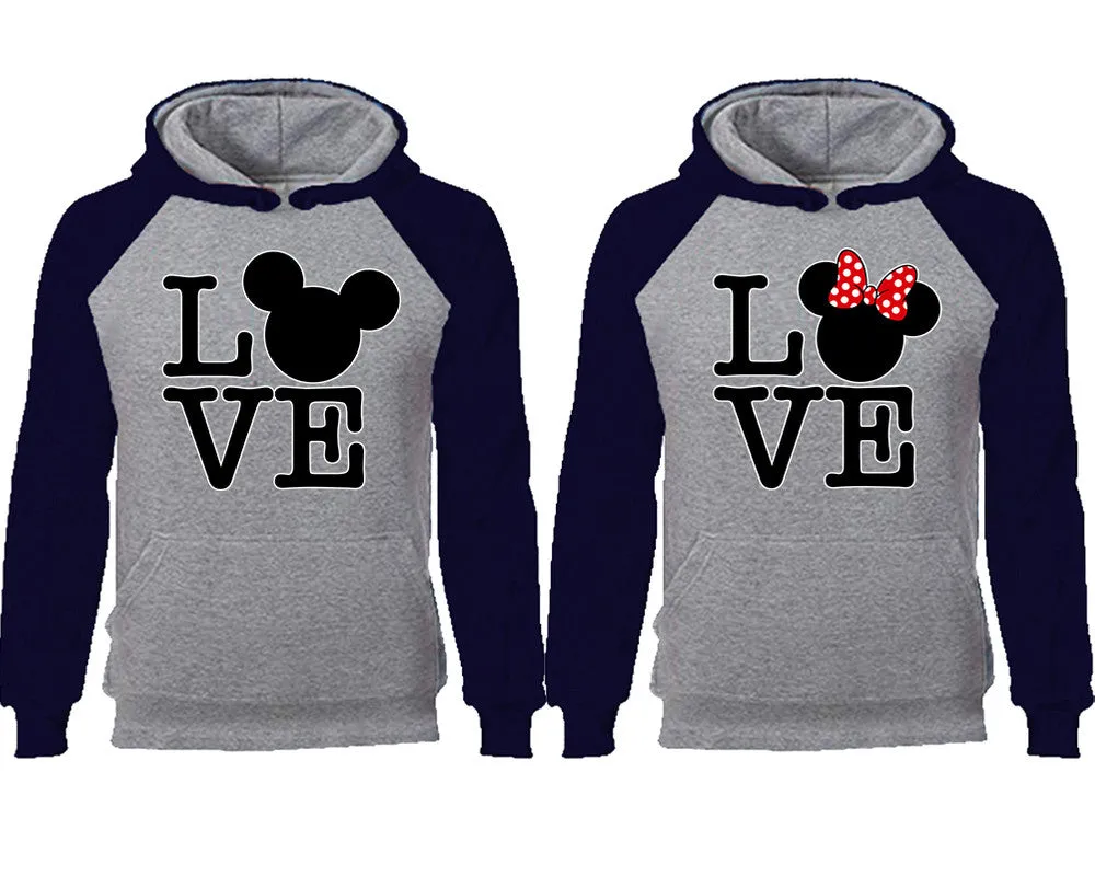 LOVE Mouse Duo Couple Matching Raglan Hoodies – Comfortable Unisex Pullover | Sold Separately in Sizes & Colors