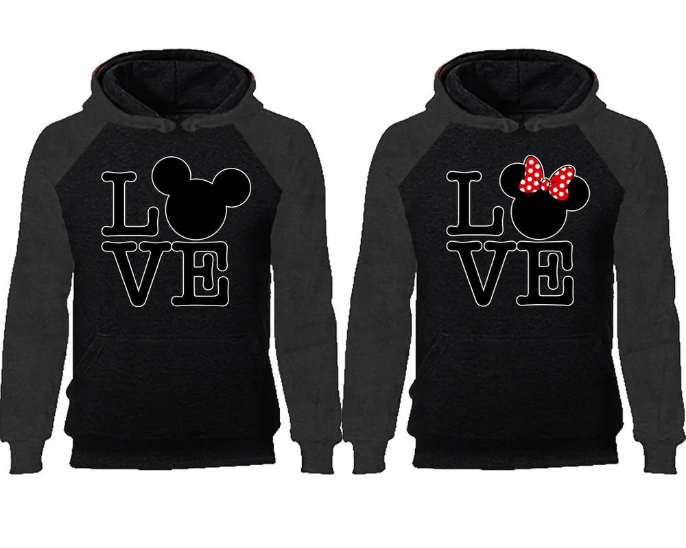 LOVE Mouse Duo Couple Matching Raglan Hoodies – Comfortable Unisex Pullover | Sold Separately in Sizes & Colors