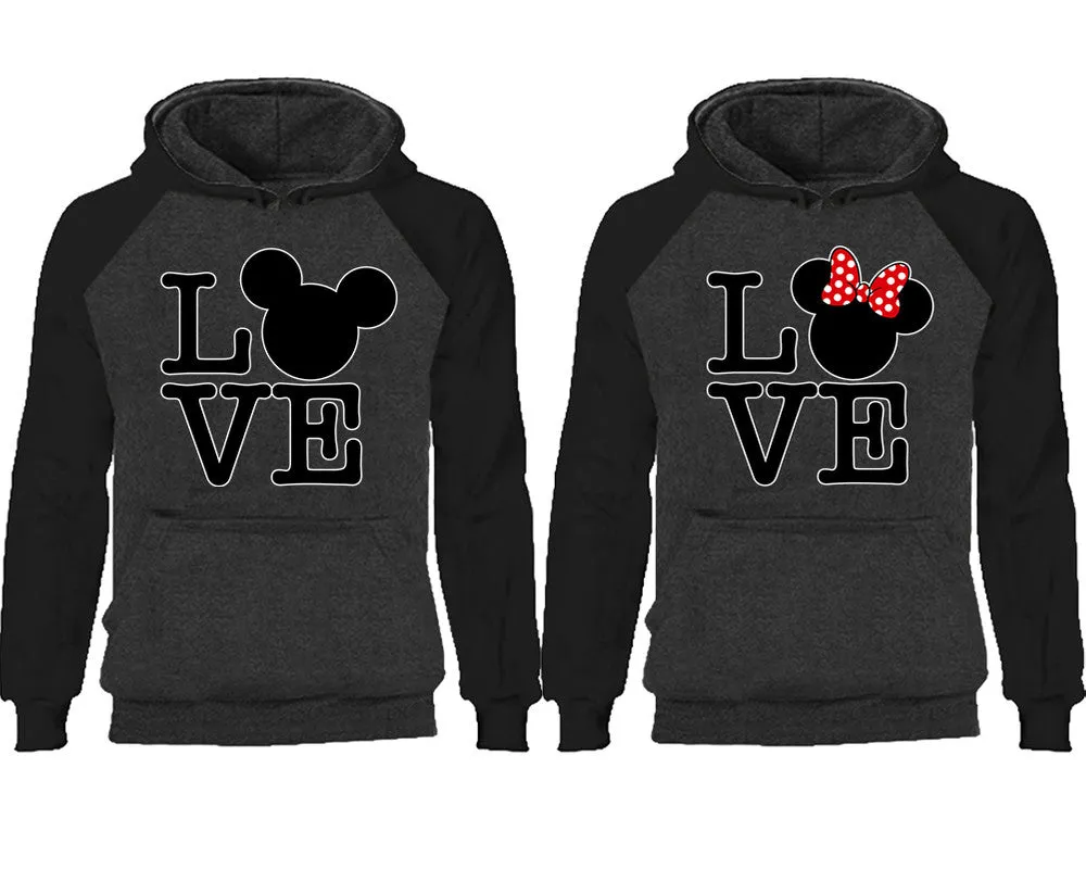 LOVE Mouse Duo Couple Matching Raglan Hoodies – Comfortable Unisex Pullover | Sold Separately in Sizes & Colors