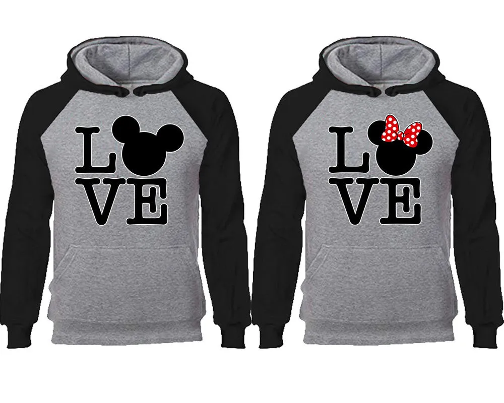 LOVE Mouse Duo Couple Matching Raglan Hoodies – Comfortable Unisex Pullover | Sold Separately in Sizes & Colors