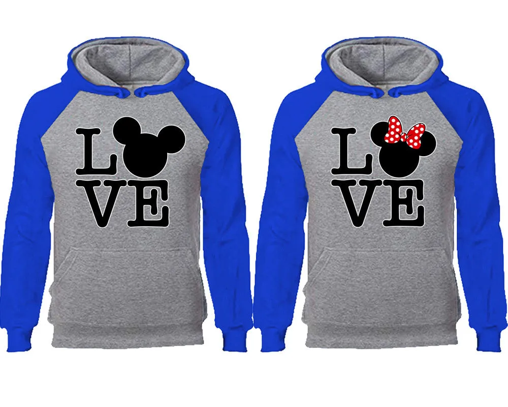 LOVE Mouse Duo Couple Matching Raglan Hoodies – Comfortable Unisex Pullover | Sold Separately in Sizes & Colors