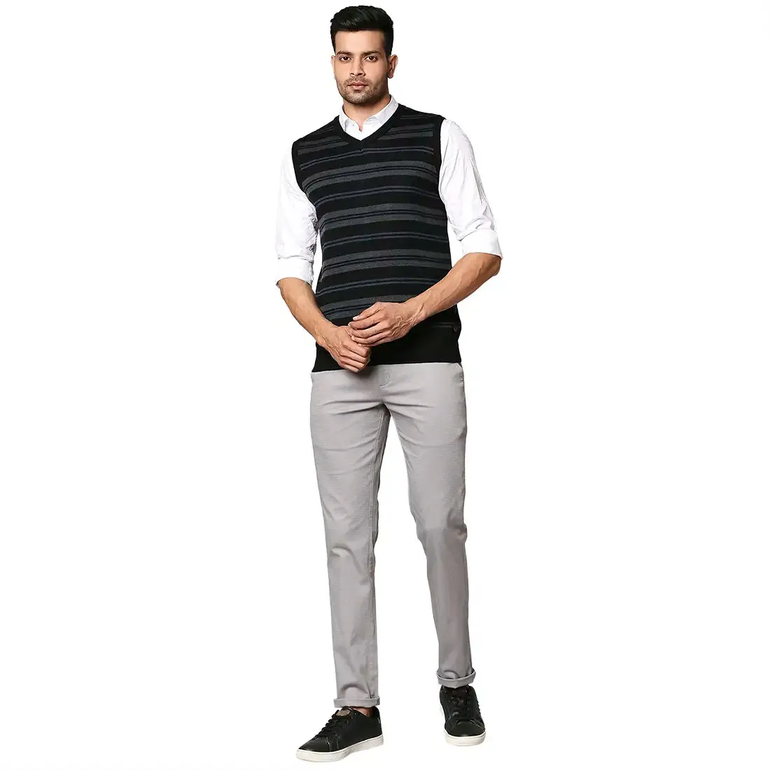 Men Black Stripe Wool Blend V Neck Collar Sweaters