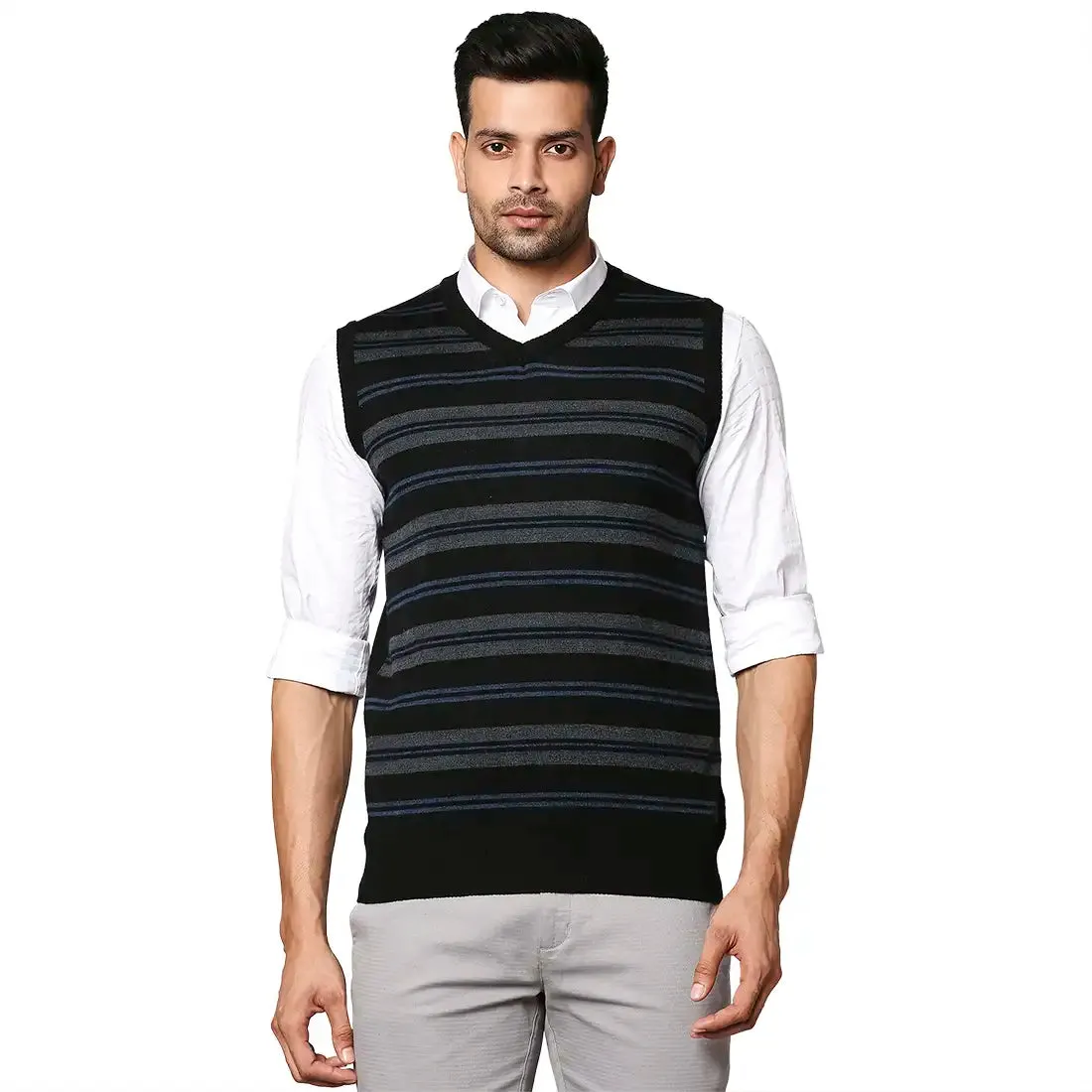Men Black Stripe Wool Blend V Neck Collar Sweaters
