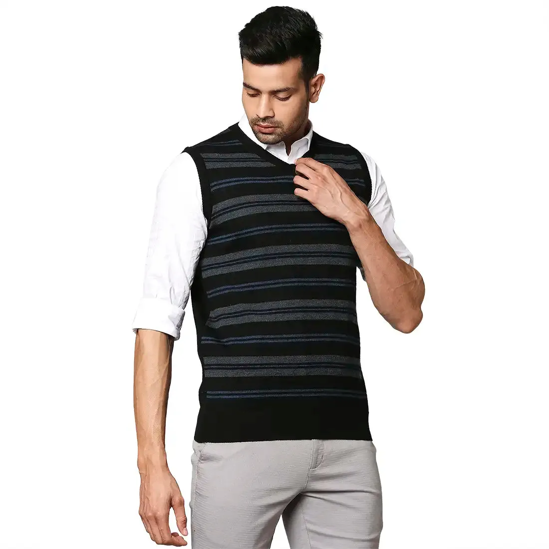 Men Black Stripe Wool Blend V Neck Collar Sweaters