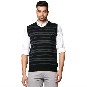 Men Black Stripe Wool Blend V Neck Collar Sweaters