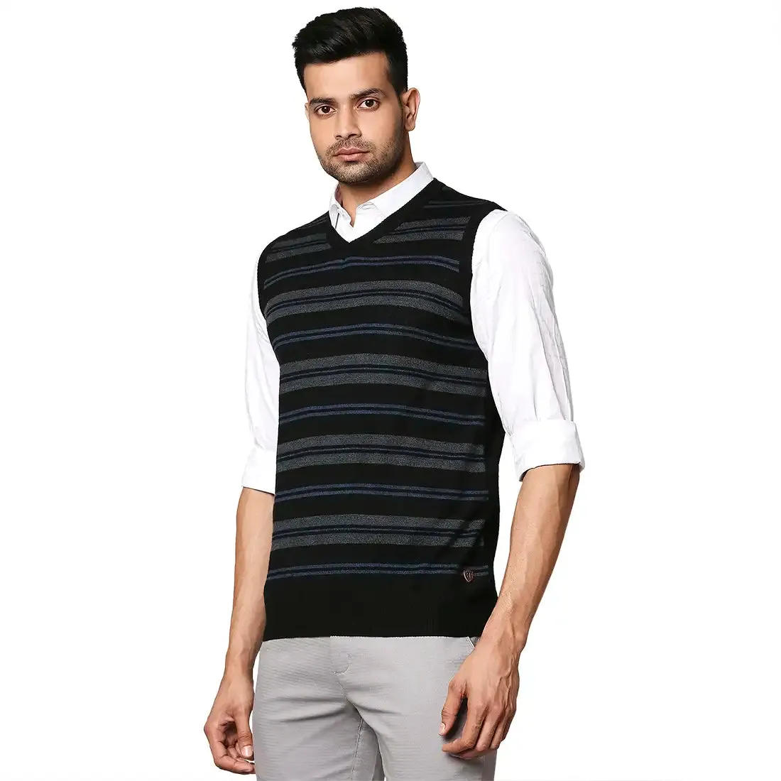Men Black Stripe Wool Blend V Neck Collar Sweaters