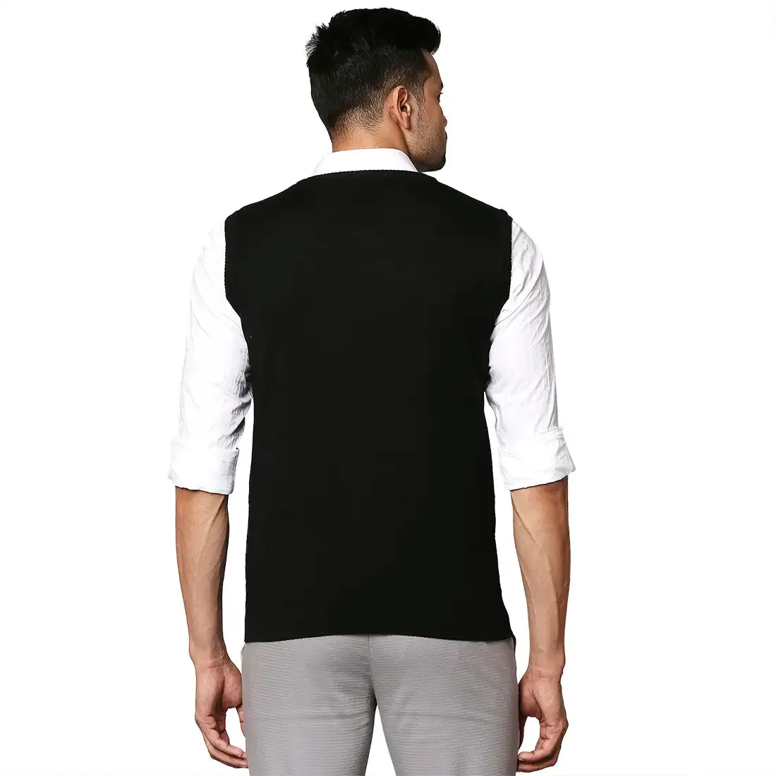 Men Black Stripe Wool Blend V Neck Collar Sweaters