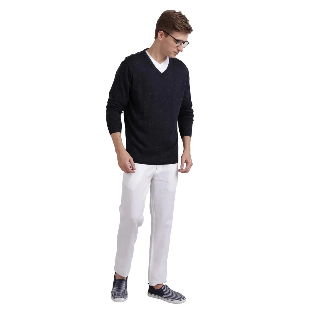 Men Blue Neps Acrylic Blend Full Sleeve Sweaters