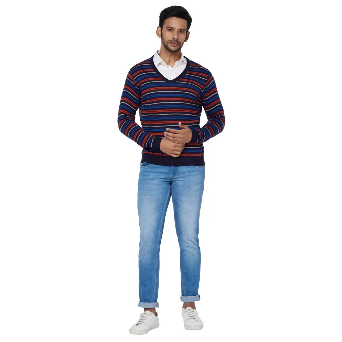 Men Blue Regular Fit Solid Acrylic Blend Full Sleeve Sweaters