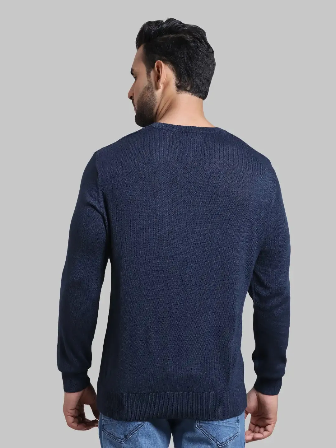 Men Blue Tailored Fit Cable Acrylic Wool Blend Full Sleeve V Neck Collar Sweaters