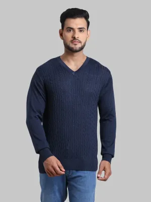 Men Blue Tailored Fit Cable Acrylic Wool Blend Full Sleeve V Neck Collar Sweaters
