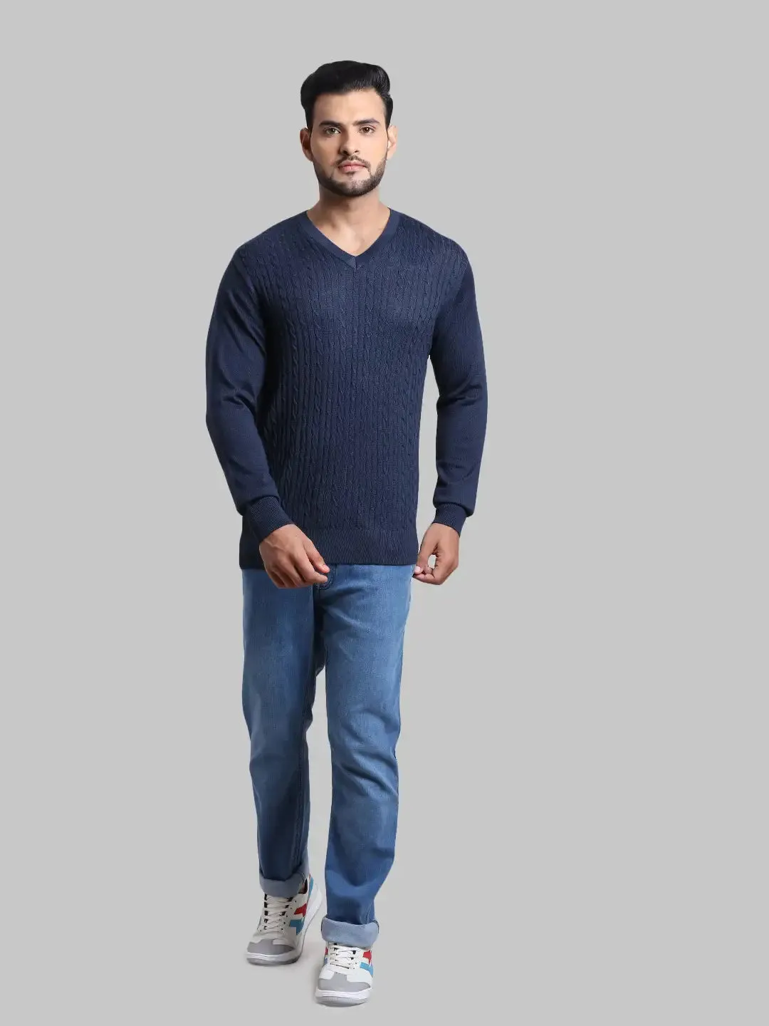 Men Blue Tailored Fit Cable Acrylic Wool Blend Full Sleeve V Neck Collar Sweaters