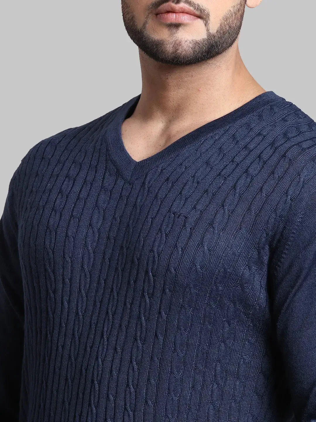 Men Blue Tailored Fit Cable Acrylic Wool Blend Full Sleeve V Neck Collar Sweaters