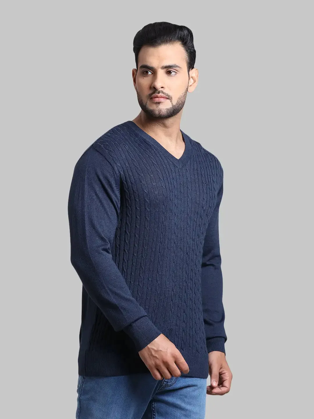 Men Blue Tailored Fit Cable Acrylic Wool Blend Full Sleeve V Neck Collar Sweaters