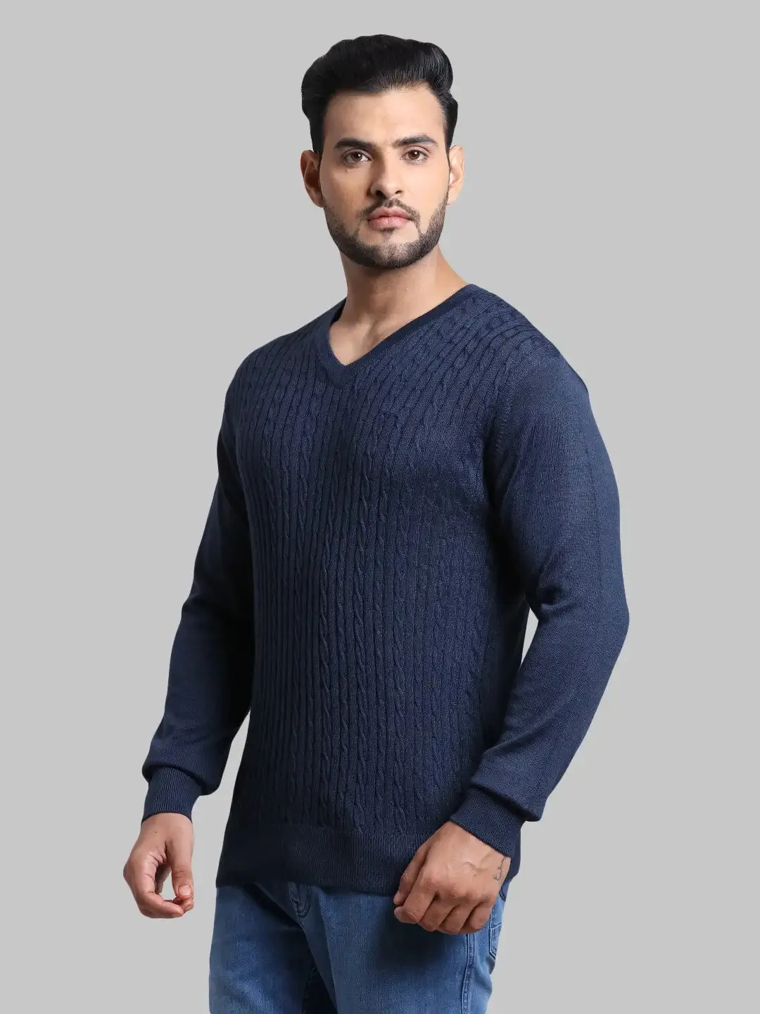 Men Blue Tailored Fit Cable Acrylic Wool Blend Full Sleeve V Neck Collar Sweaters