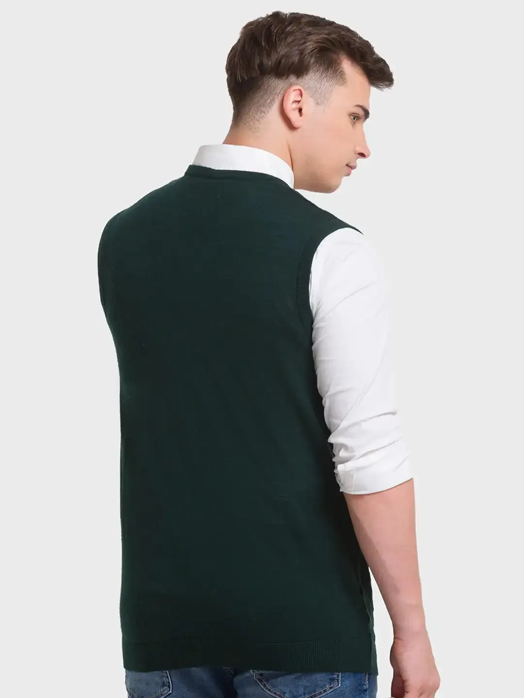 Men Green Classic Fit Structure Merino Wool Acrylic Blend Sleeveless V Neck Collar Sweaters