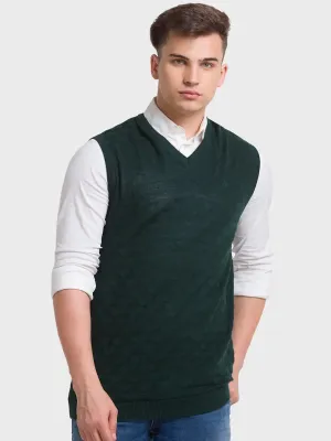 Men Green Classic Fit Structure Merino Wool Acrylic Blend Sleeveless V Neck Collar Sweaters