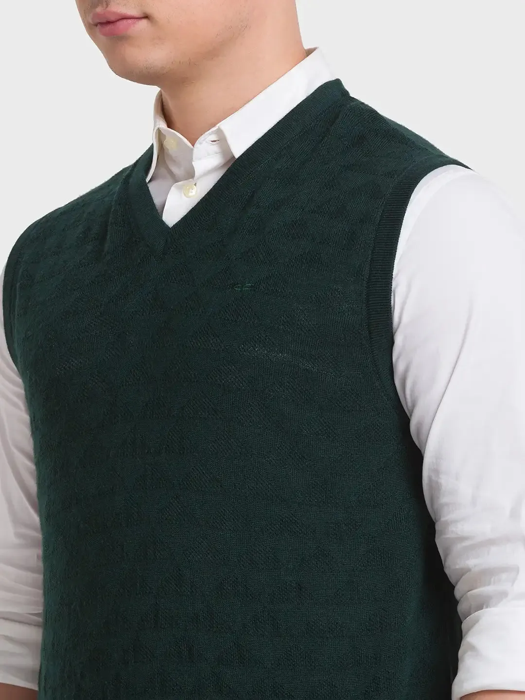 Men Green Classic Fit Structure Merino Wool Acrylic Blend Sleeveless V Neck Collar Sweaters