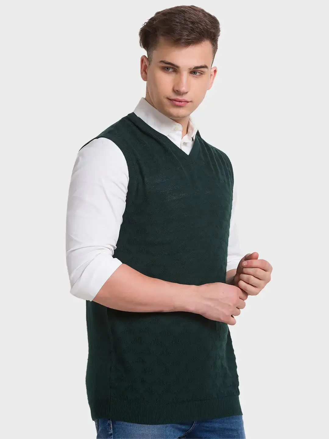 Men Green Classic Fit Structure Merino Wool Acrylic Blend Sleeveless V Neck Collar Sweaters