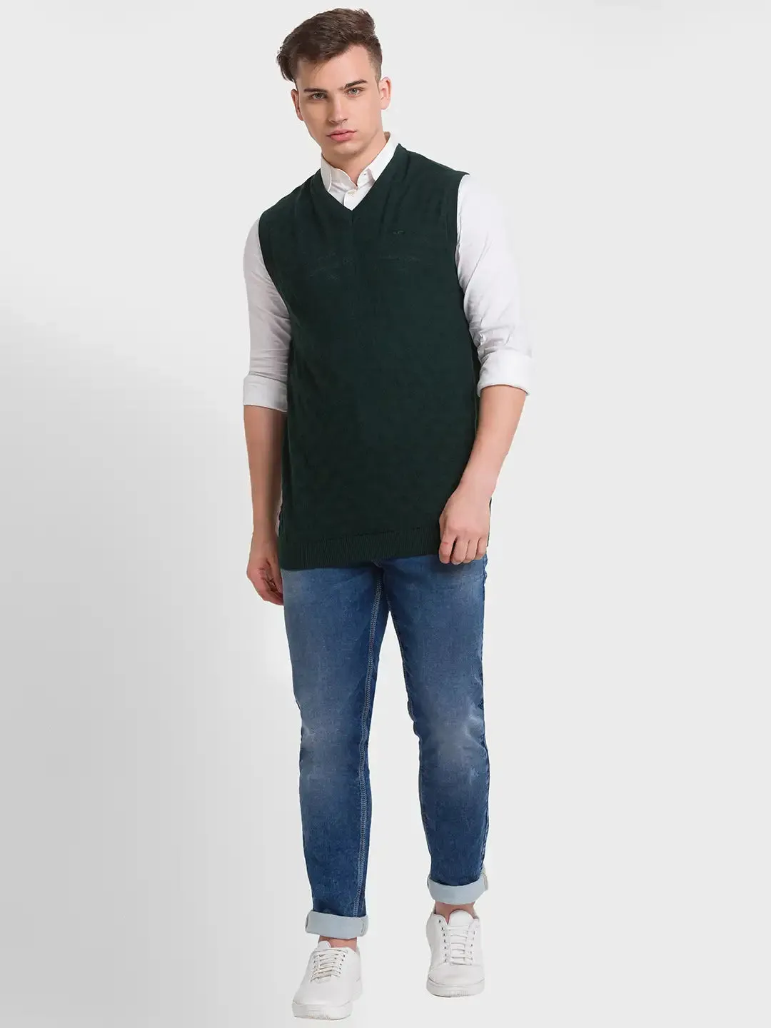 Men Green Classic Fit Structure Merino Wool Acrylic Blend Sleeveless V Neck Collar Sweaters
