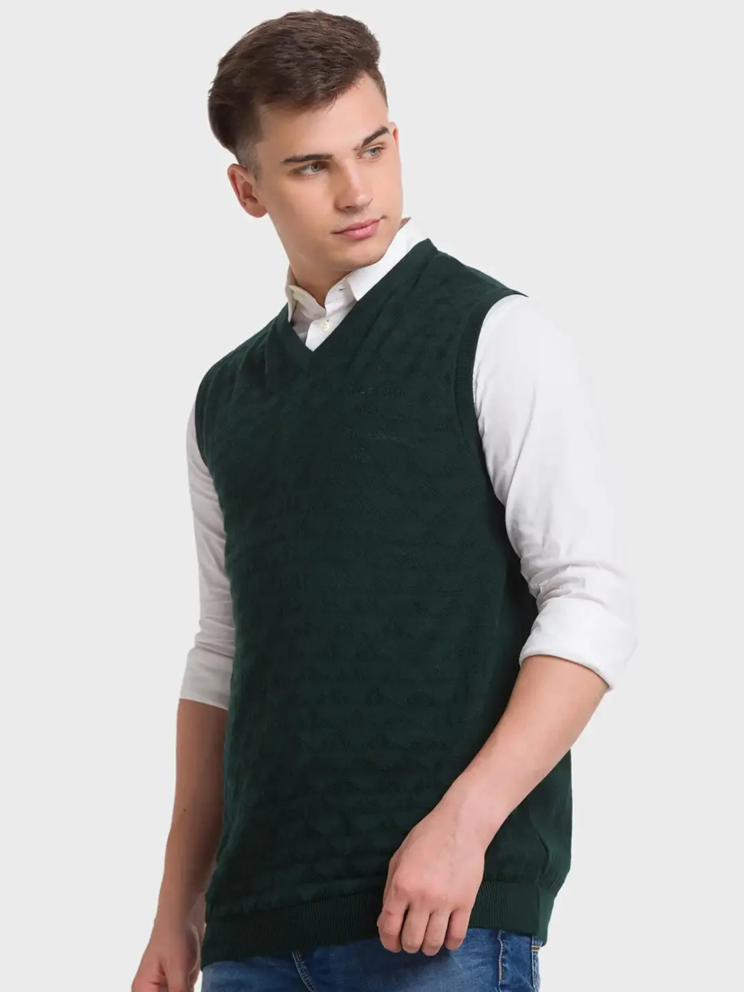 Men Green Classic Fit Structure Merino Wool Acrylic Blend Sleeveless V Neck Collar Sweaters