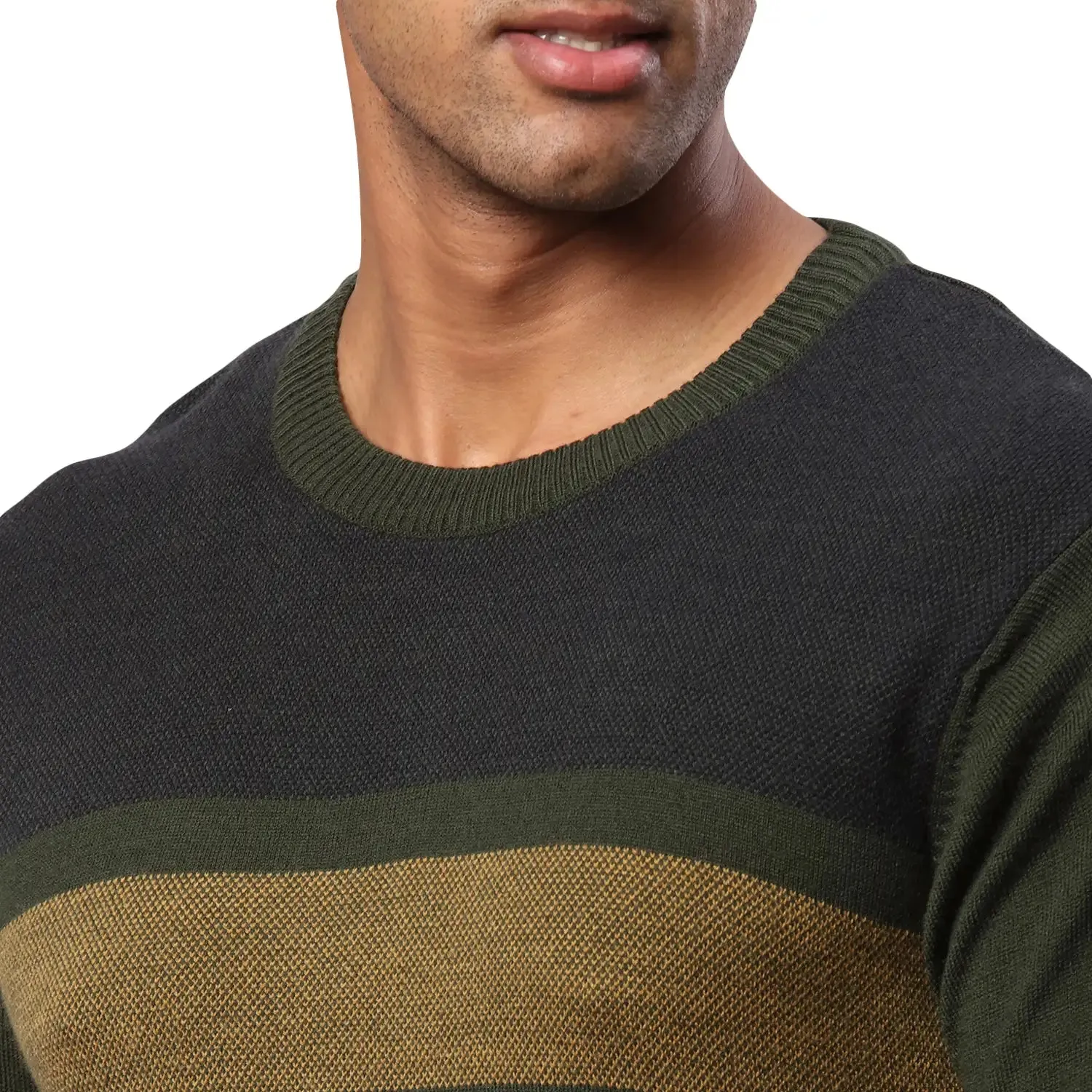 Men Green Jacquard Acrylic Wool Blend Round Collar Sweaters
