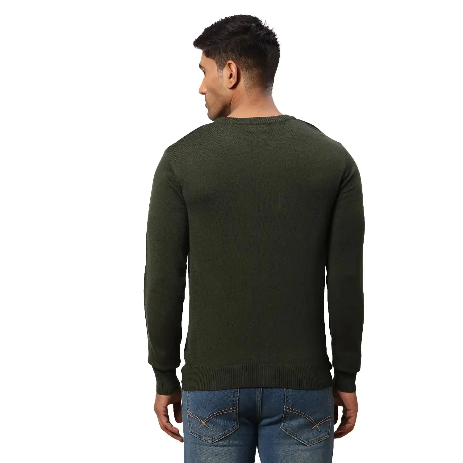 Men Green Jacquard Acrylic Wool Blend Round Collar Sweaters