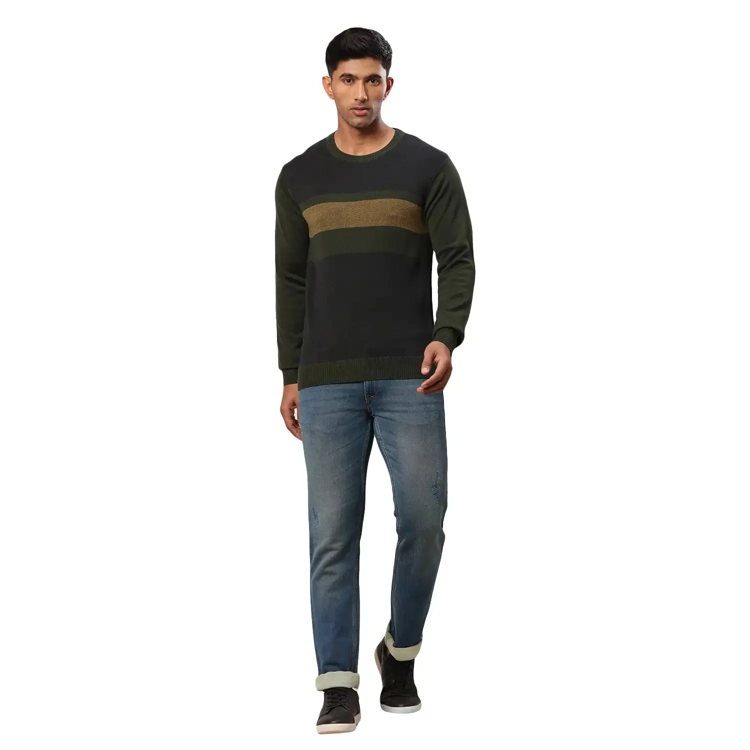 Men Green Jacquard Acrylic Wool Blend Round Collar Sweaters