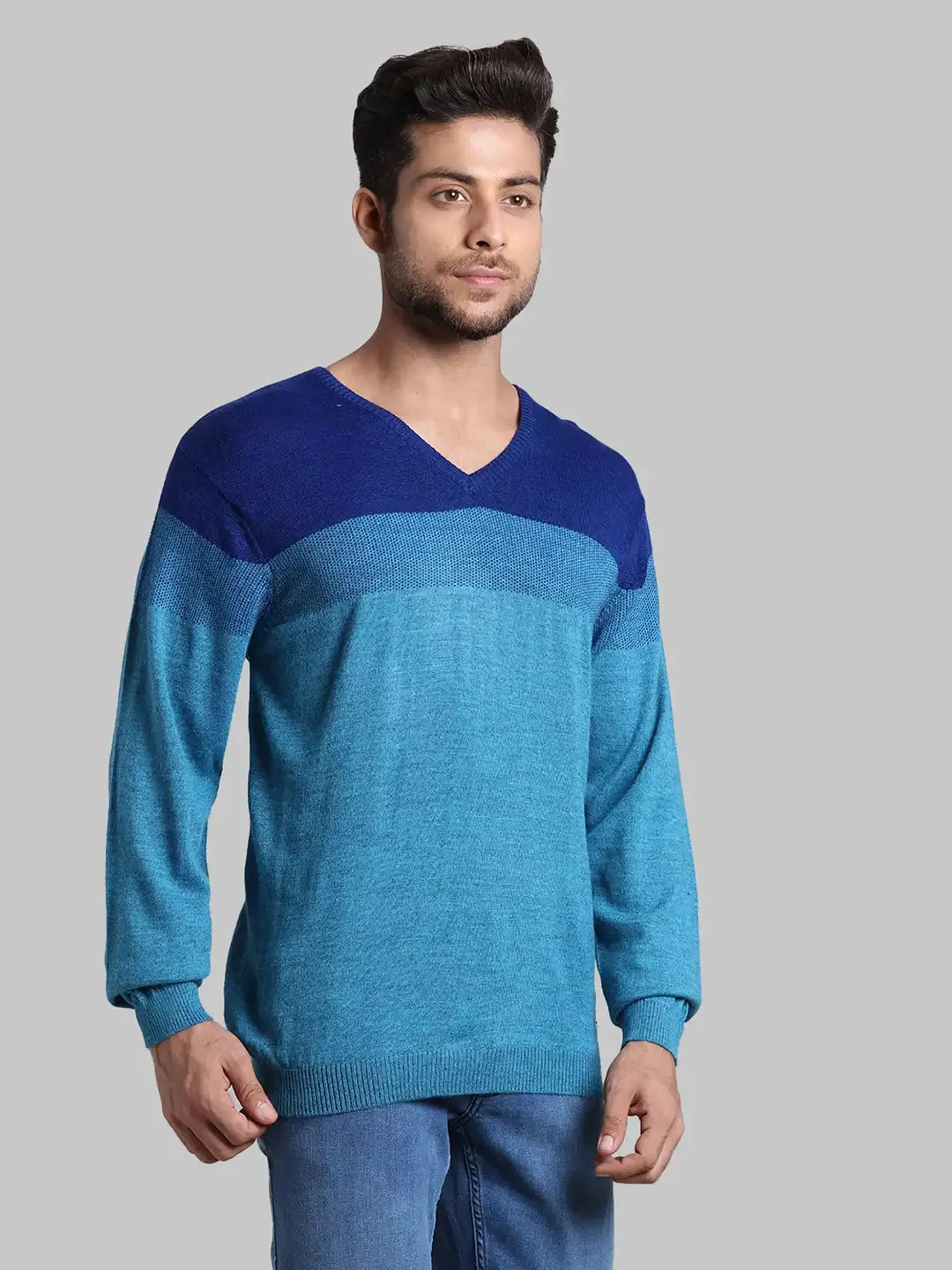 Men Green Regular Fit Stripe Wool Blend Full Sleeve V Neck Collar Sweaters