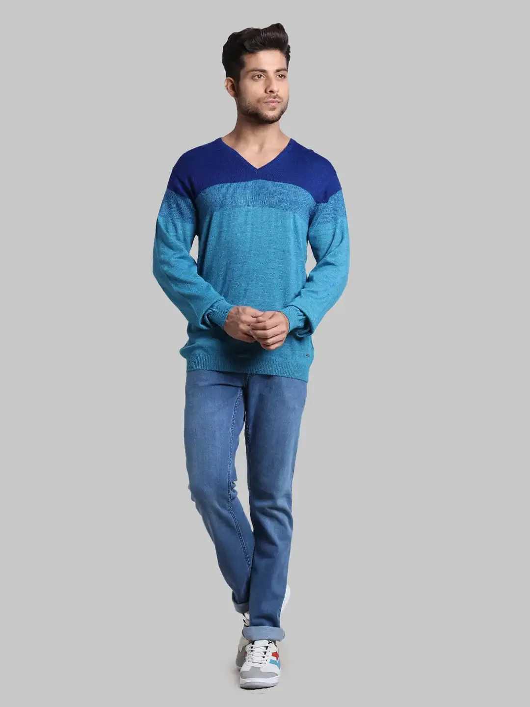 Men Green Regular Fit Stripe Wool Blend Full Sleeve V Neck Collar Sweaters