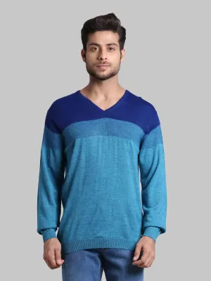 Men Green Regular Fit Stripe Wool Blend Full Sleeve V Neck Collar Sweaters